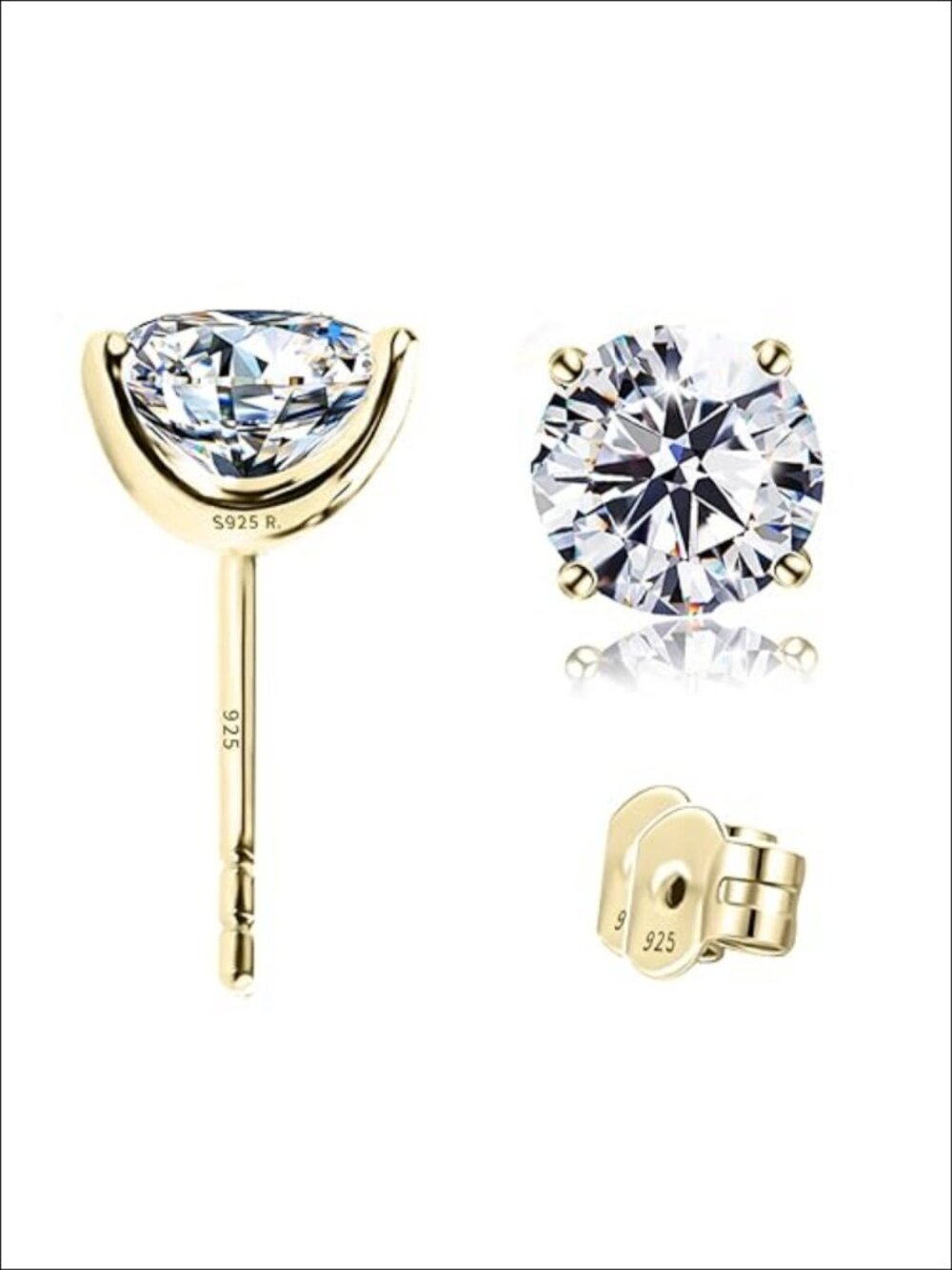 4-Prong Cubic Zirconia Stud Earrings 925 Silver Hypoallergenic Push Back